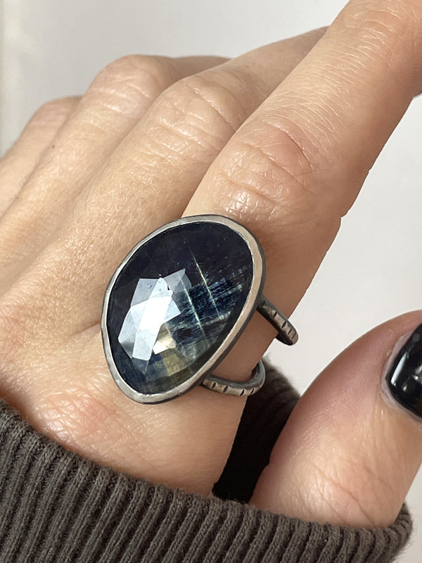 Dark Blue Sapphire Orbit Ring - Size 10