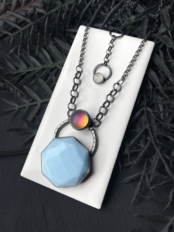Blue Octagon and Color-Shifting Glass Orbit Pendant