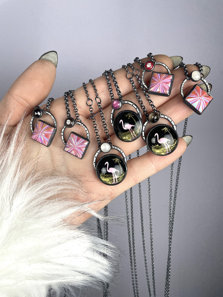 Pink Flamingo and Diamond Orbit Necklaces