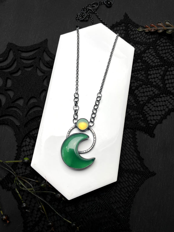 DISCOUNTED - Uranium Glass & Green Onyx Moon Pendant - 1 available