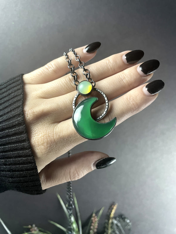 DISCOUNTED - Uranium Glass & Green Onyx Moon Pendant - 1 available