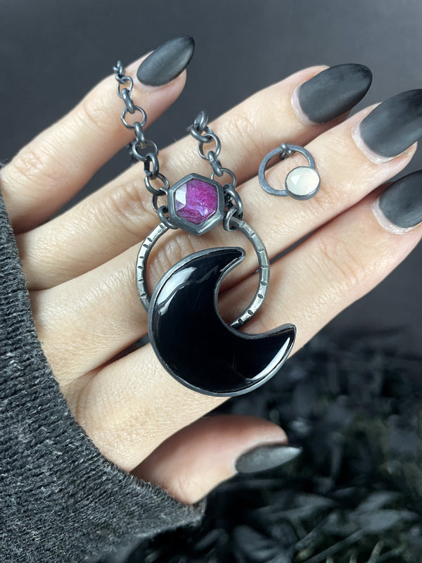 Ruby & Black Onyx Moon Necklace