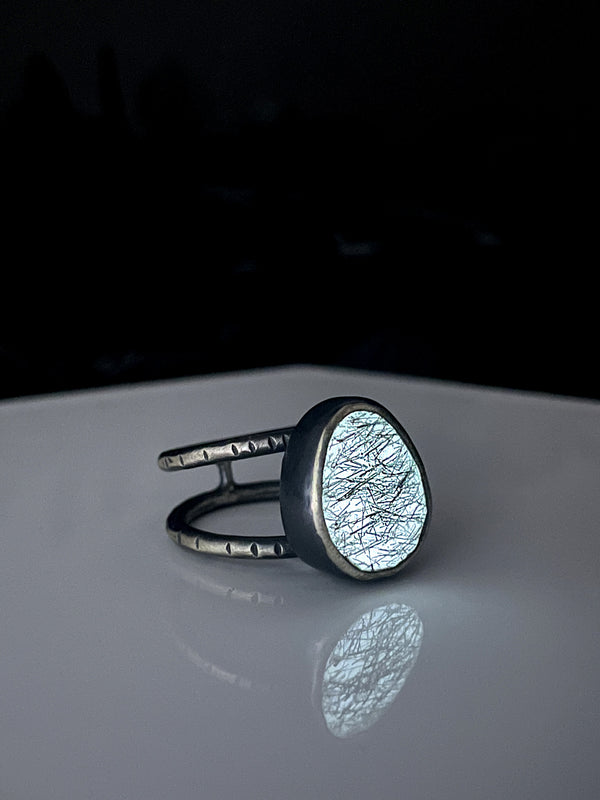 Glow in the Dark Rutile Quartz Orbit Ring - Size 8