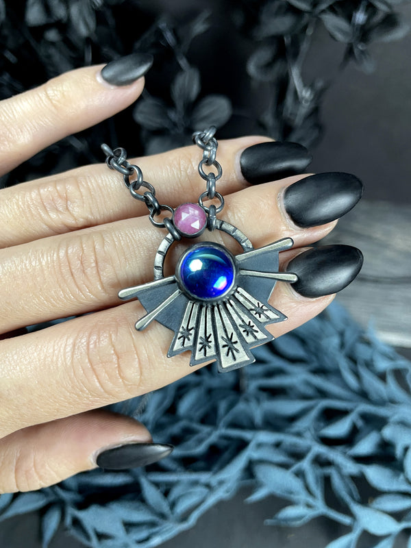 Dawning Necklace with Vintage Glass & Pink Sapphire