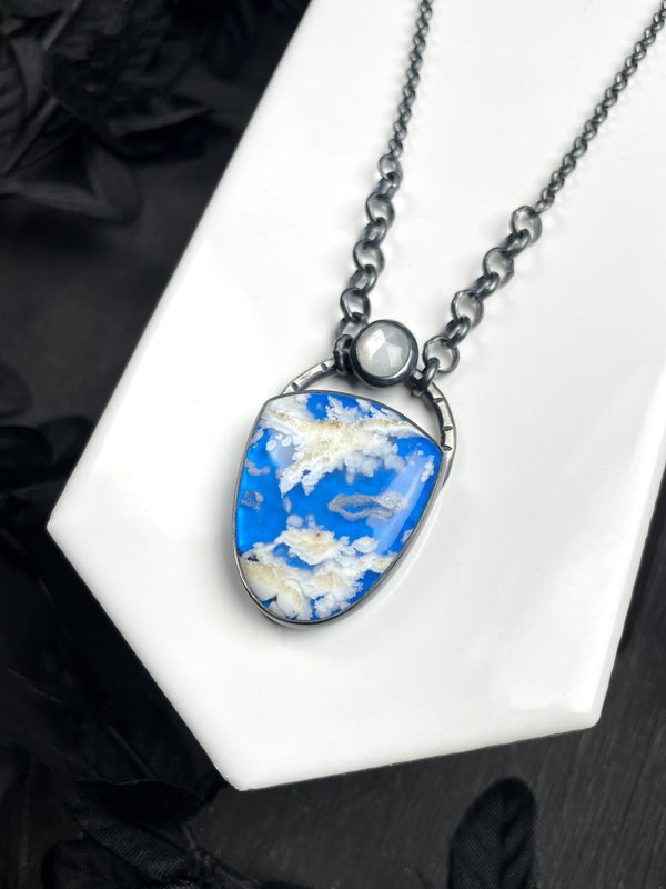 Planet Earth Statement Necklace - Sky Plume Agate with Rose-Cut Moonstone