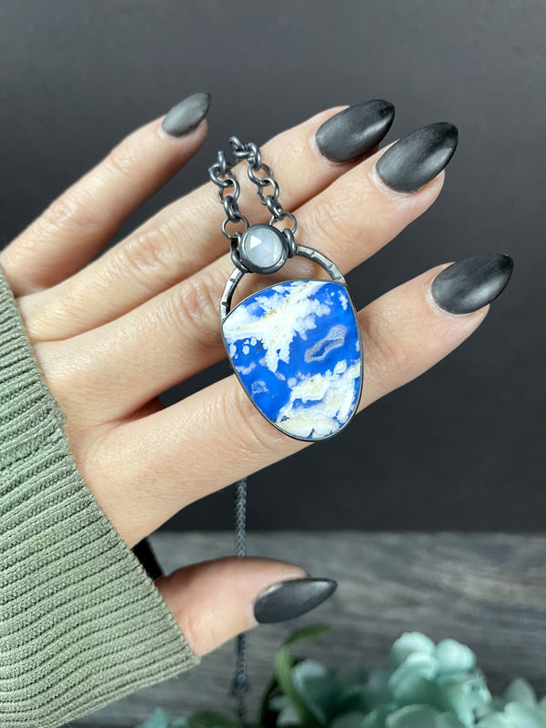Planet Earth Statement Necklace - Sky Plume Agate with Rose-Cut Moonstone