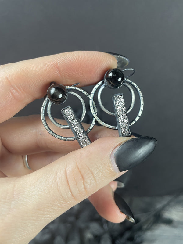 Silver Druzy & Black Star Diopside "Signal" Earrings