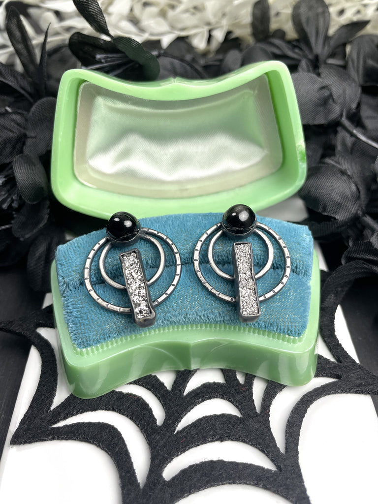 Silver Druzy & Black Star Diopside "Signal" Earrings