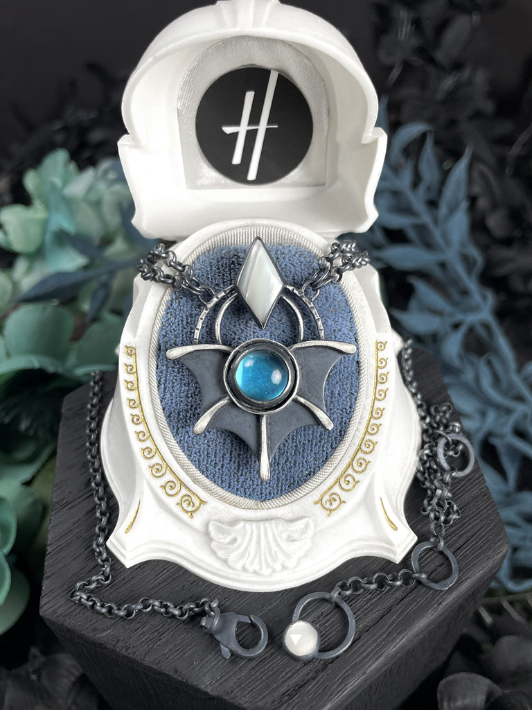 Vintage Blue Glass & Mother of Pearl Diamond Bat Wing Necklace