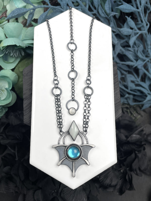 Vintage Blue Glass & Mother of Pearl Diamond Bat Wing Necklace