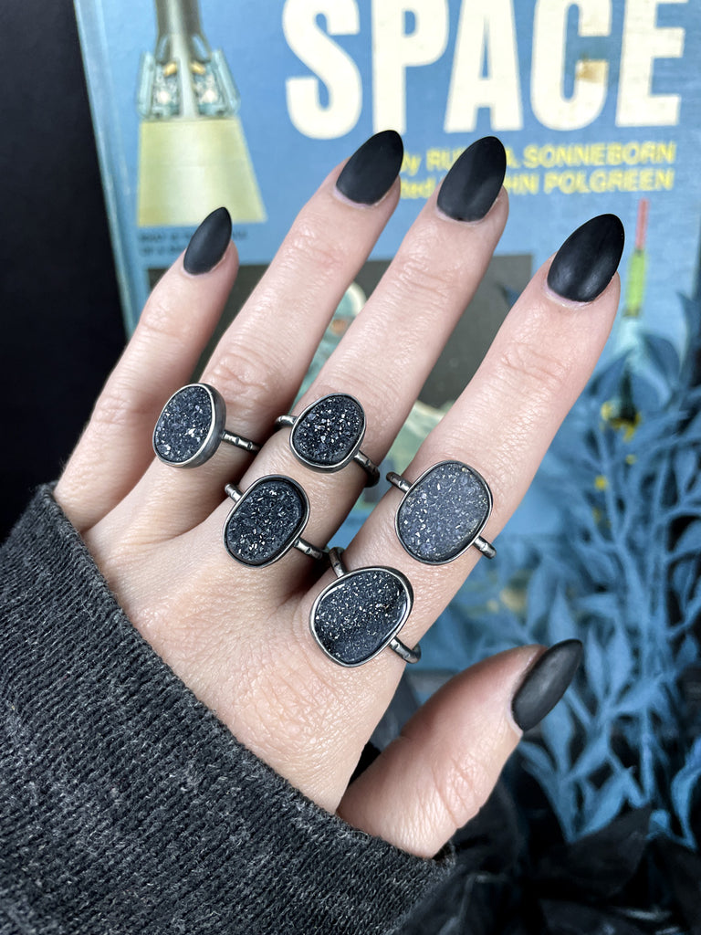Sparkly Black Druzy Crystal Rings - Sizes 5.5-9.5
