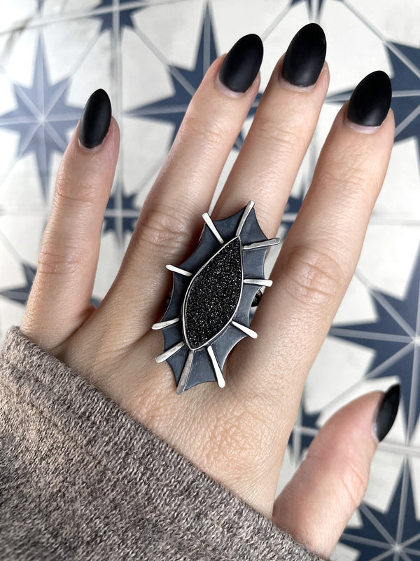 Sparkly Black Druzy Space Creature Statement Ring - Size 9