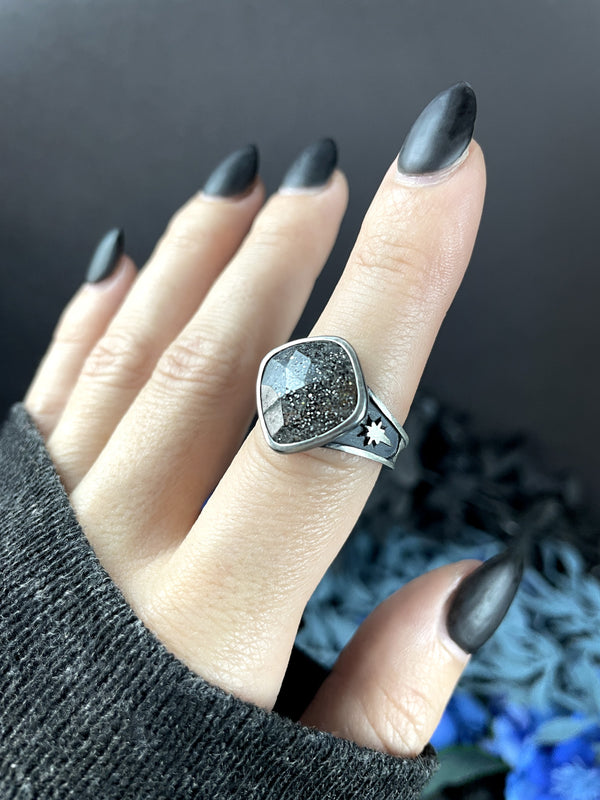 Midnight Quartzite "Meteor" Style Ring - Size 8