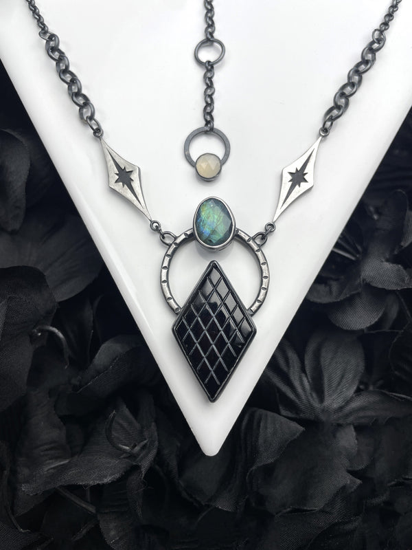 Vintage Glass & Labradorite Necklace with Atomic Starburst Links