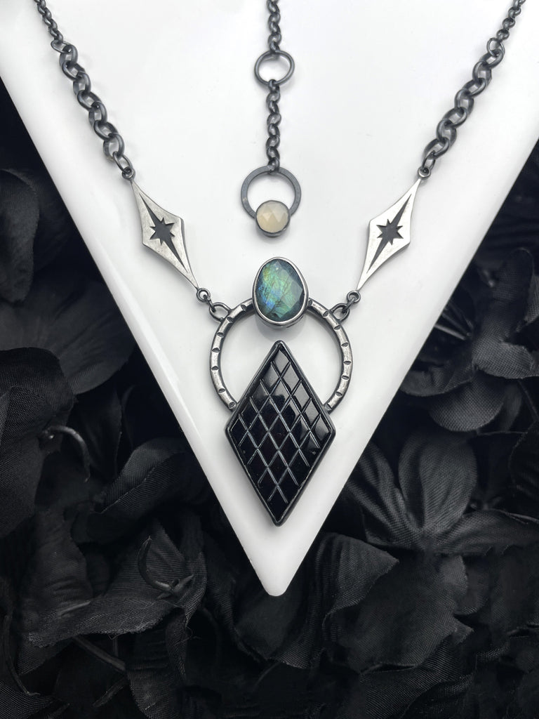 Vintage Glass & Labradorite Necklace with Atomic Starburst Links