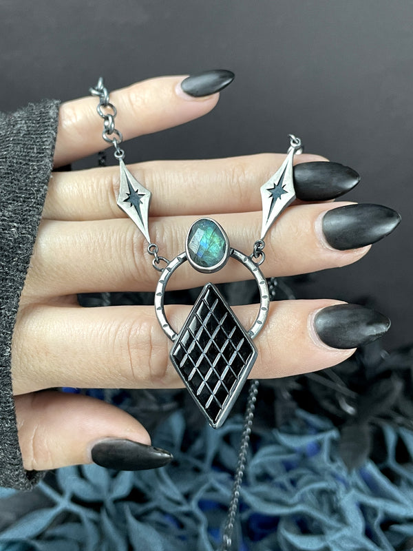 Vintage Glass & Labradorite Necklace with Atomic Starburst Links