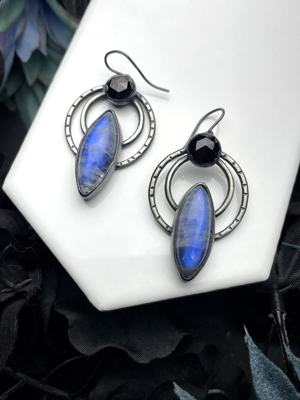 Rainbow Moonstone & Black Spinel "Signal" Earrings