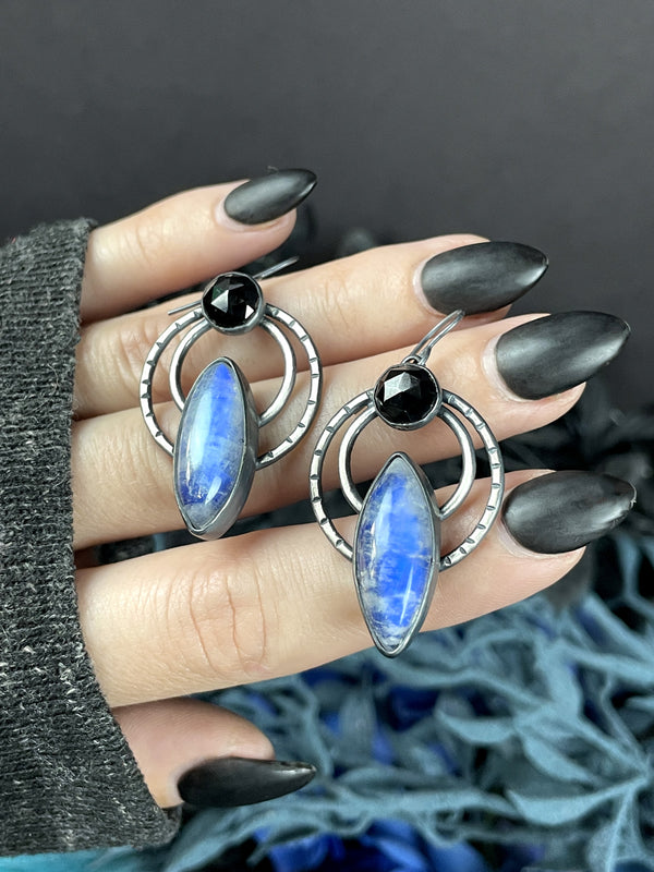Rainbow Moonstone & Black Spinel "Signal" Earrings