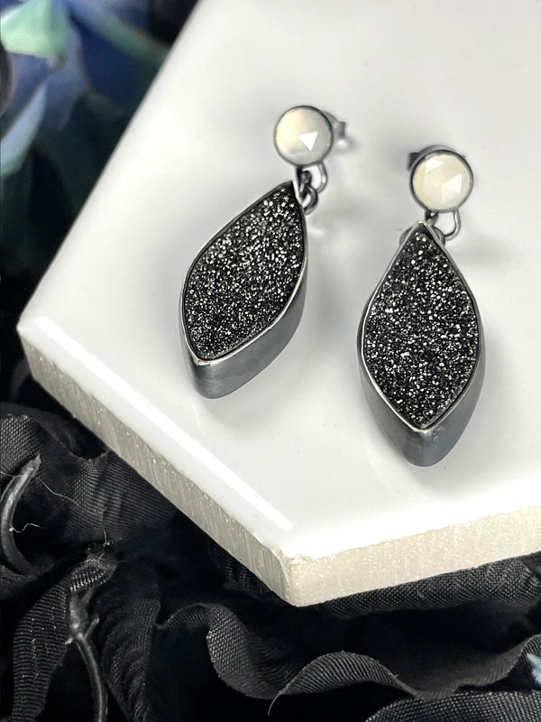 Black Druzy & Moonstone Drop Earrings