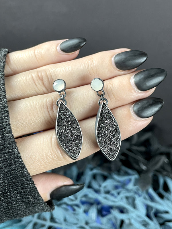 Black Druzy & Moonstone Drop Earrings