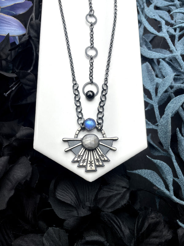 Silver Sapphire & Rainbow Moonstone Atomic Dawning Necklace