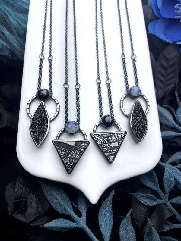 Meteorite and Black Druzy Orbit Necklaces - 1 left: A