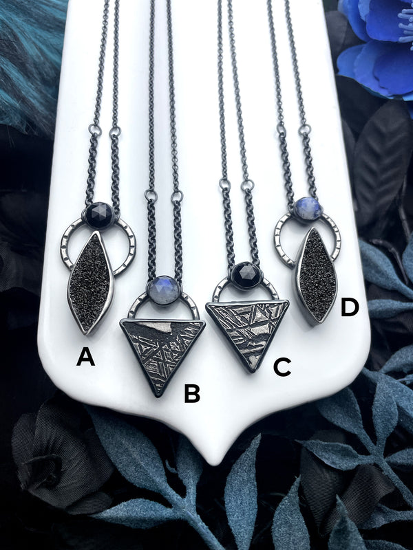 Meteorite and Black Druzy Orbit Necklaces - 1 left: A