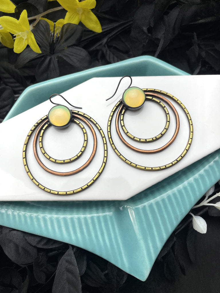 Large Dangling Hoop Earrings with Uranium Glass