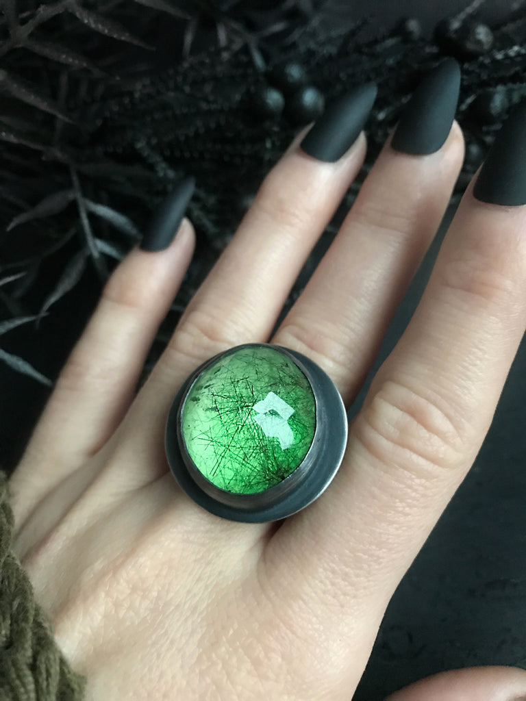 Glowing Green Rutilated Quartz Crystal Ball Ring
