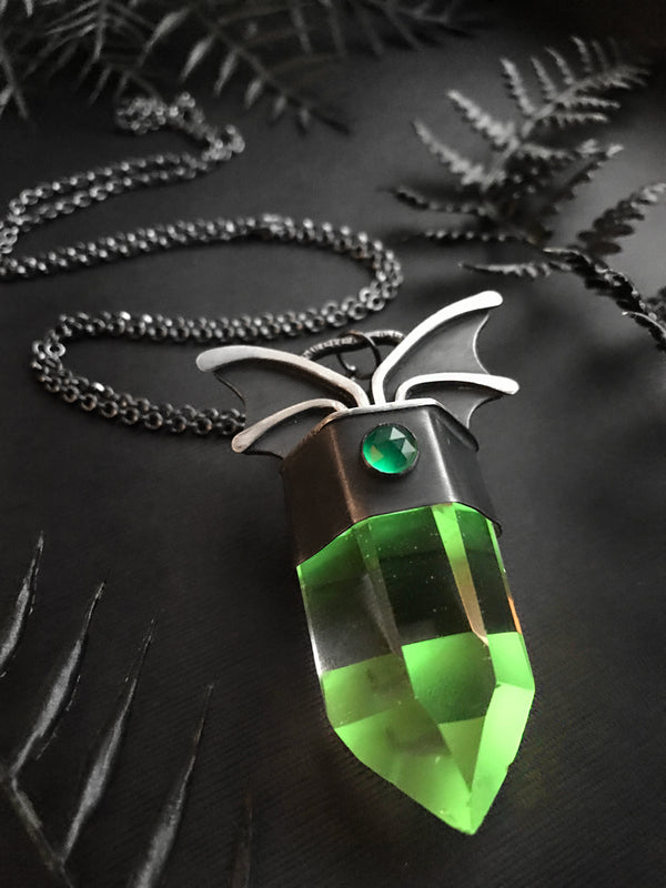 Glowing Green Quartz Bat Wing Pendant