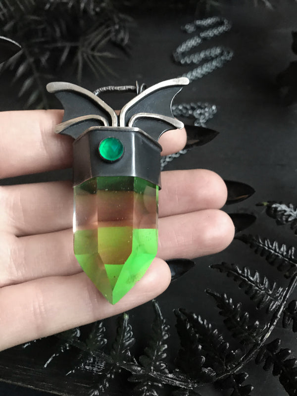 Glowing Green Quartz Bat Wing Pendant