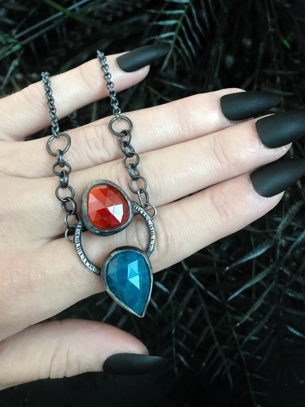 Red Hessonite Garnet and Blue Apatite Thorax Pendant