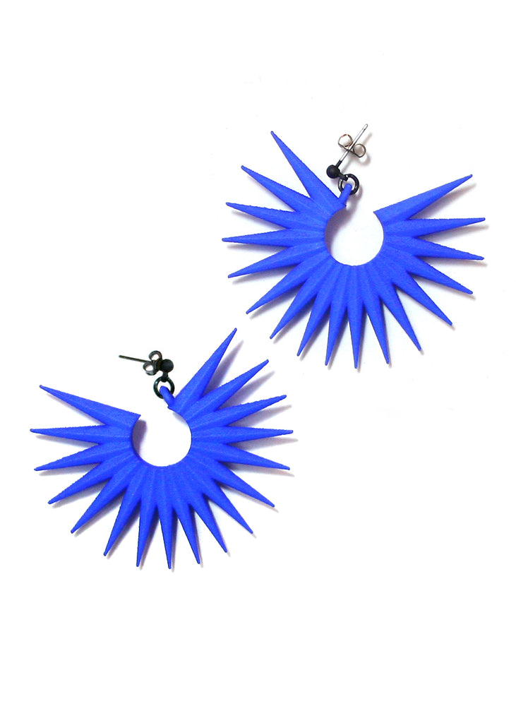 Geometric bright blue spike hoop earrings displayed on a white background. 3d printed jewelry by Hypnovamp.