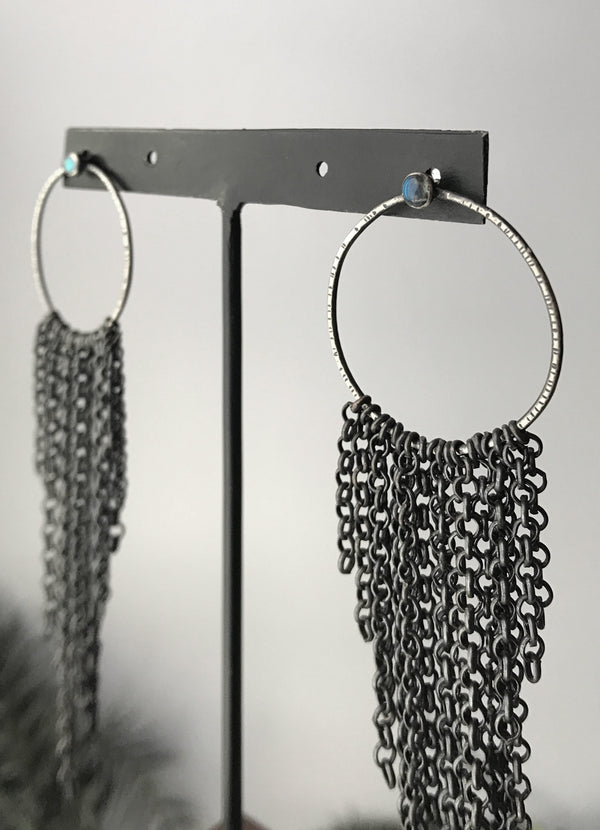 Hoop Fringe Earrings - Silver, Labradorite and Blackened Steel Chain