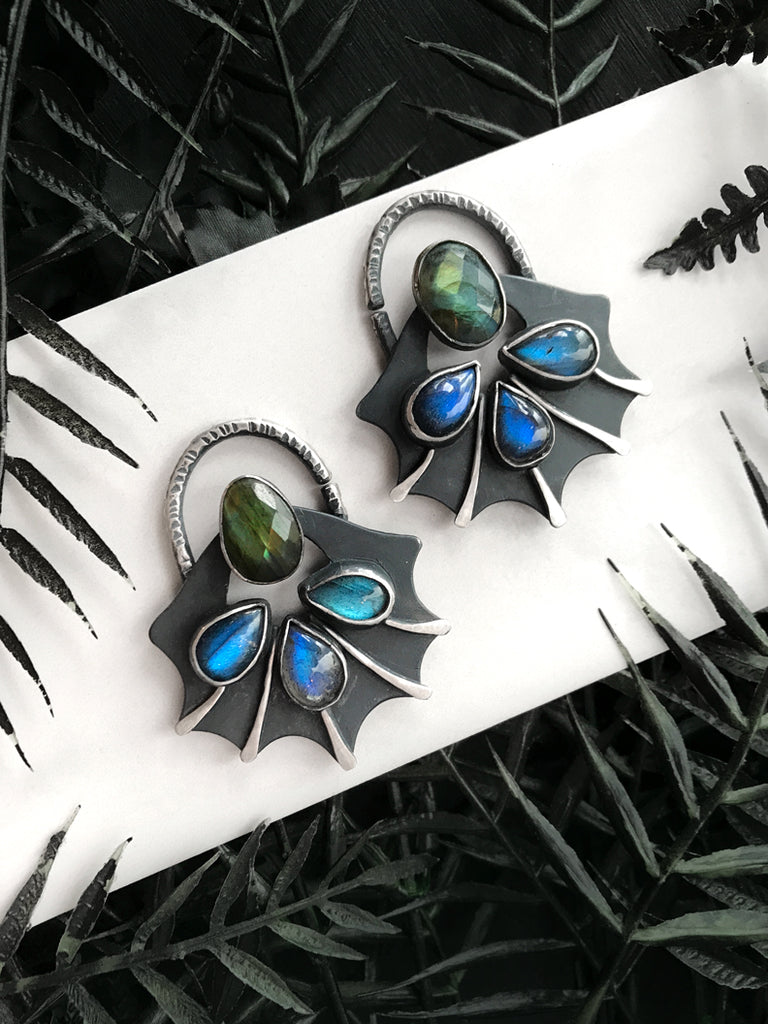 Bat Wing 10G Ear Weights - Sterling Silver and Labradorite Clusters