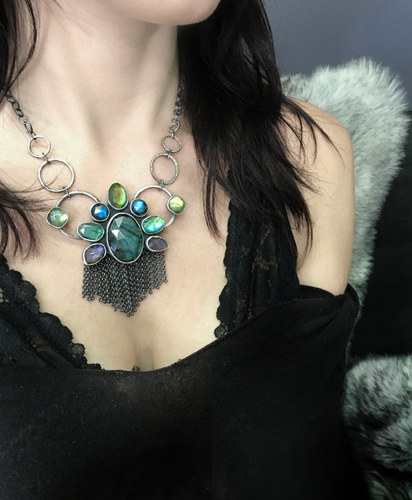 Peacock Labradorite Statement Necklace with Fringe