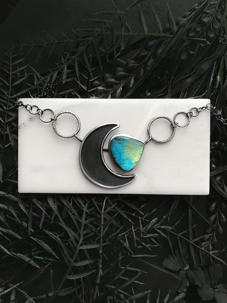 Electric Blue Labradorite with Crescent Moon Necklace