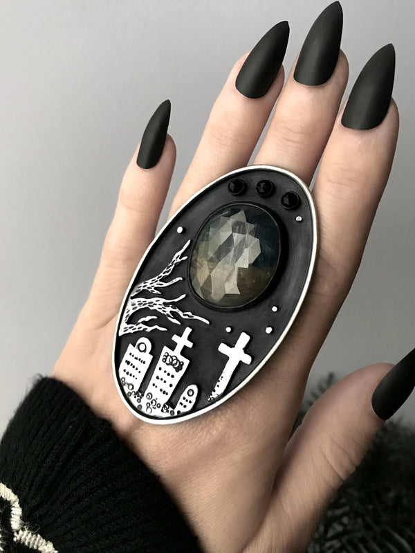 Dramatic Sapphire and Black Spinel Graveyard Scene Ring, Size 7