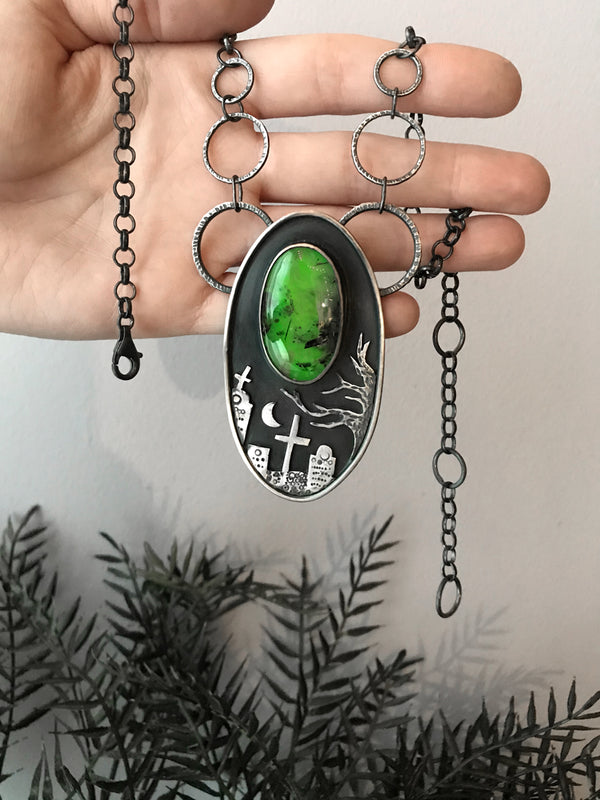 Cemetery Statement Necklace with Glowing Green Prehnite