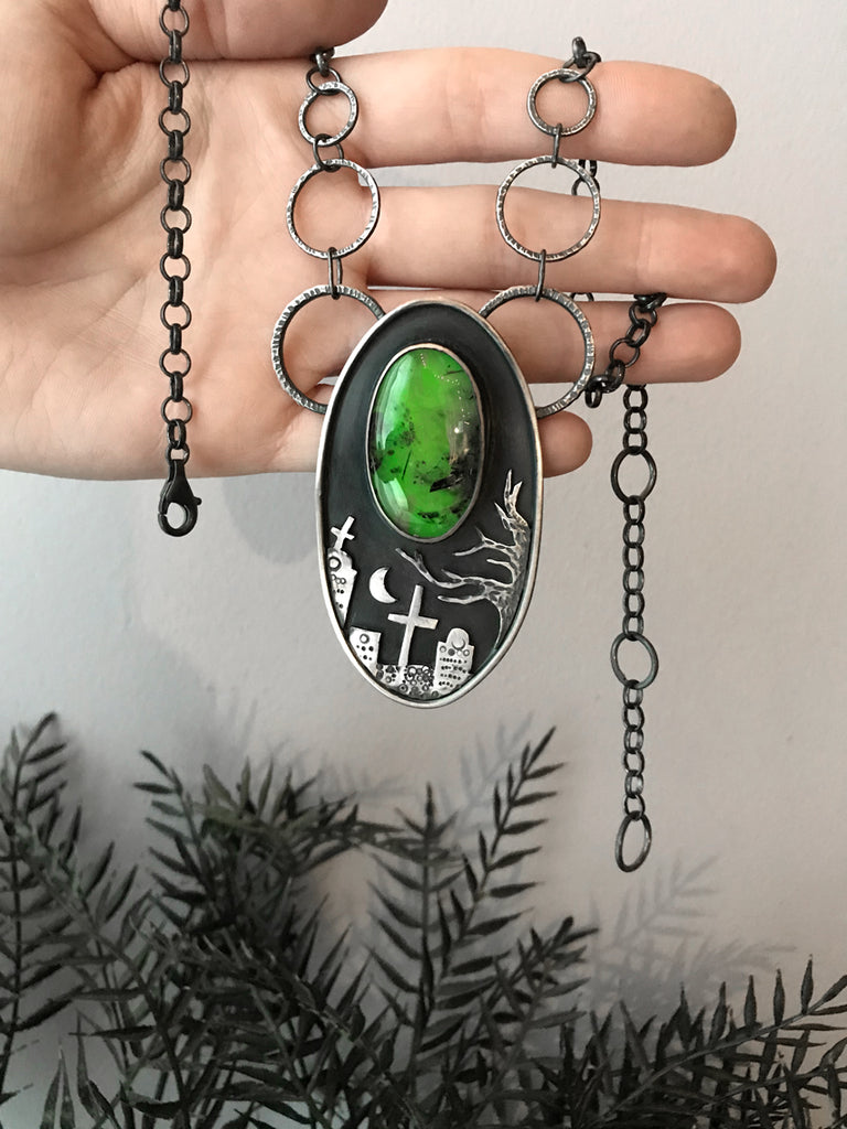 Cemetery Statement Necklace with Glowing Green Prehnite