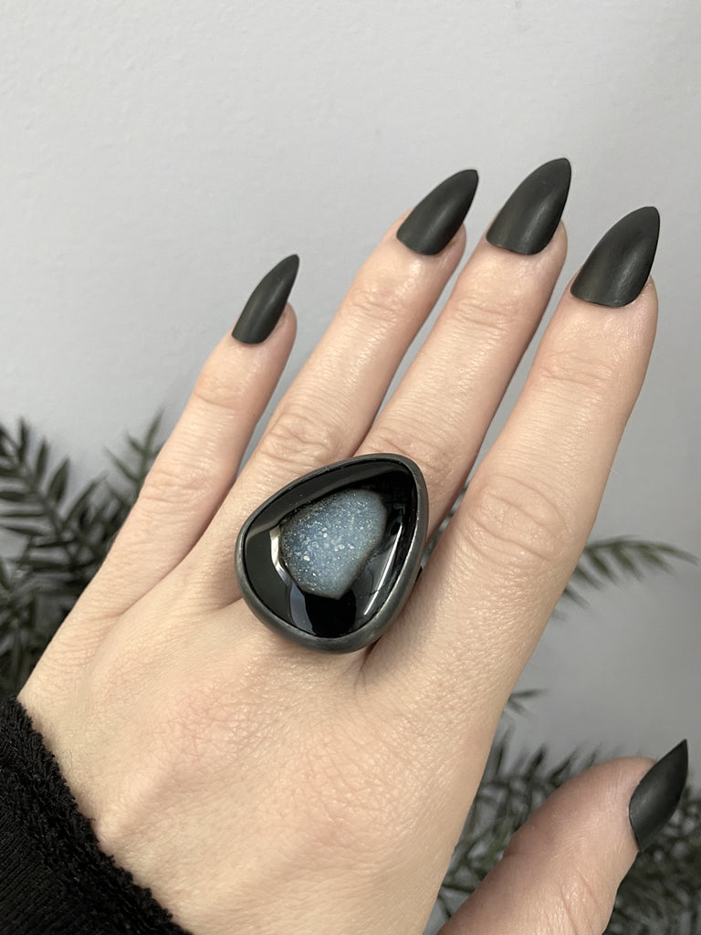 Black and Slate Blue Druzy Orbit Ring - Size 8