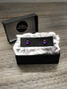 Witchy style stud earrings featuring oxidized sterling silver & rose-cut purple amethyst. Displayed in black jewelry box with grey fur. Minimalist gothic jewelry handmade in Salem, MA by jewelry designer Hypnovamp.