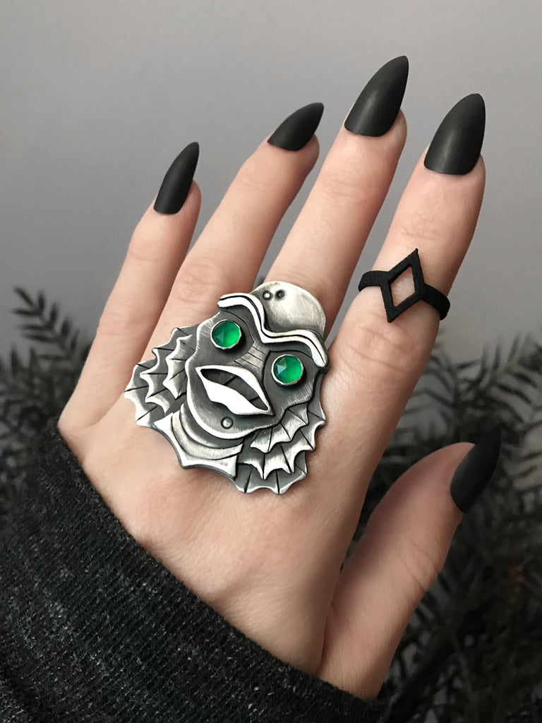 Big Silver Gillman Ring with Green Onyx Eyes - Size 7