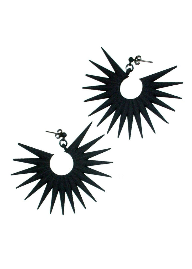 Geometric black spike hoop earrings displayed on a white background. 3d printed jewelry by Hypnovamp.